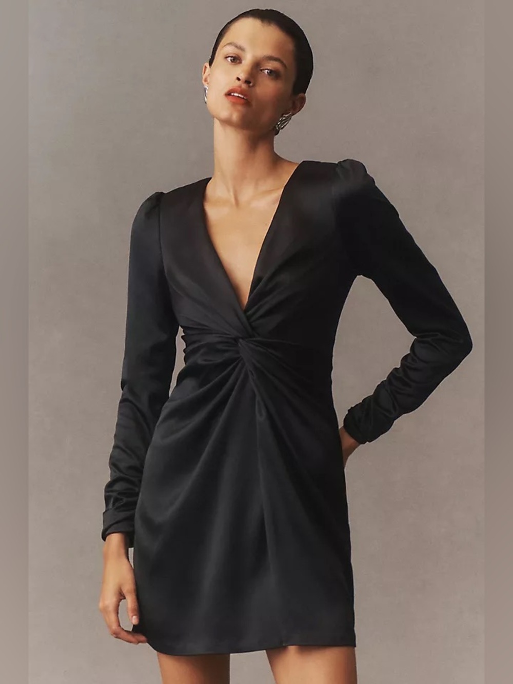 BHLDN Sabrina Stretch Satin Long-Sleeve Mini Dress Knot Twist Small Black